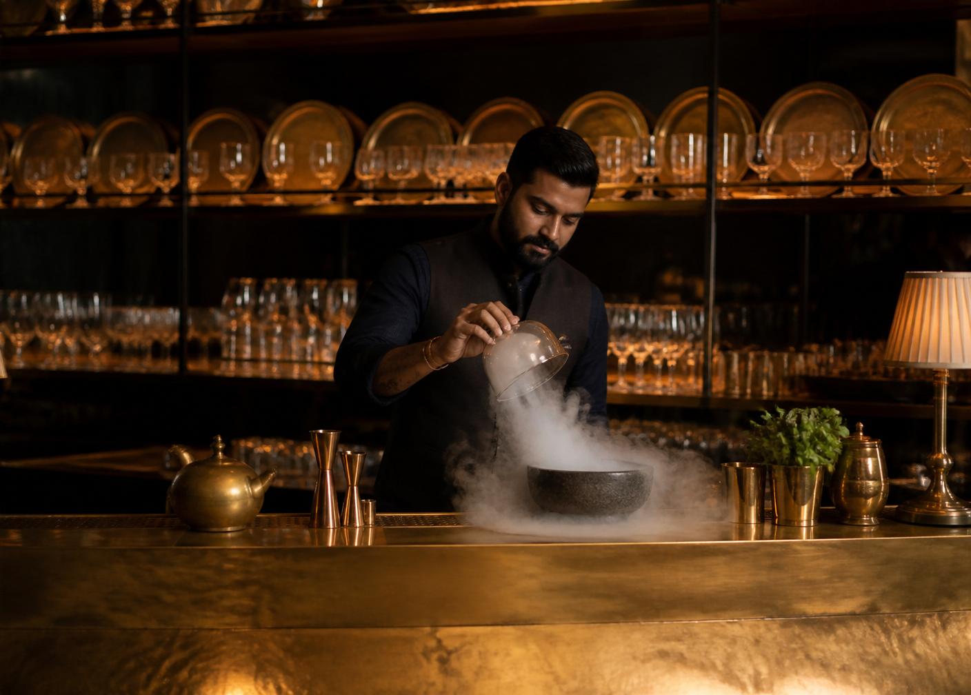 Mixologist preparing smoked cocktail