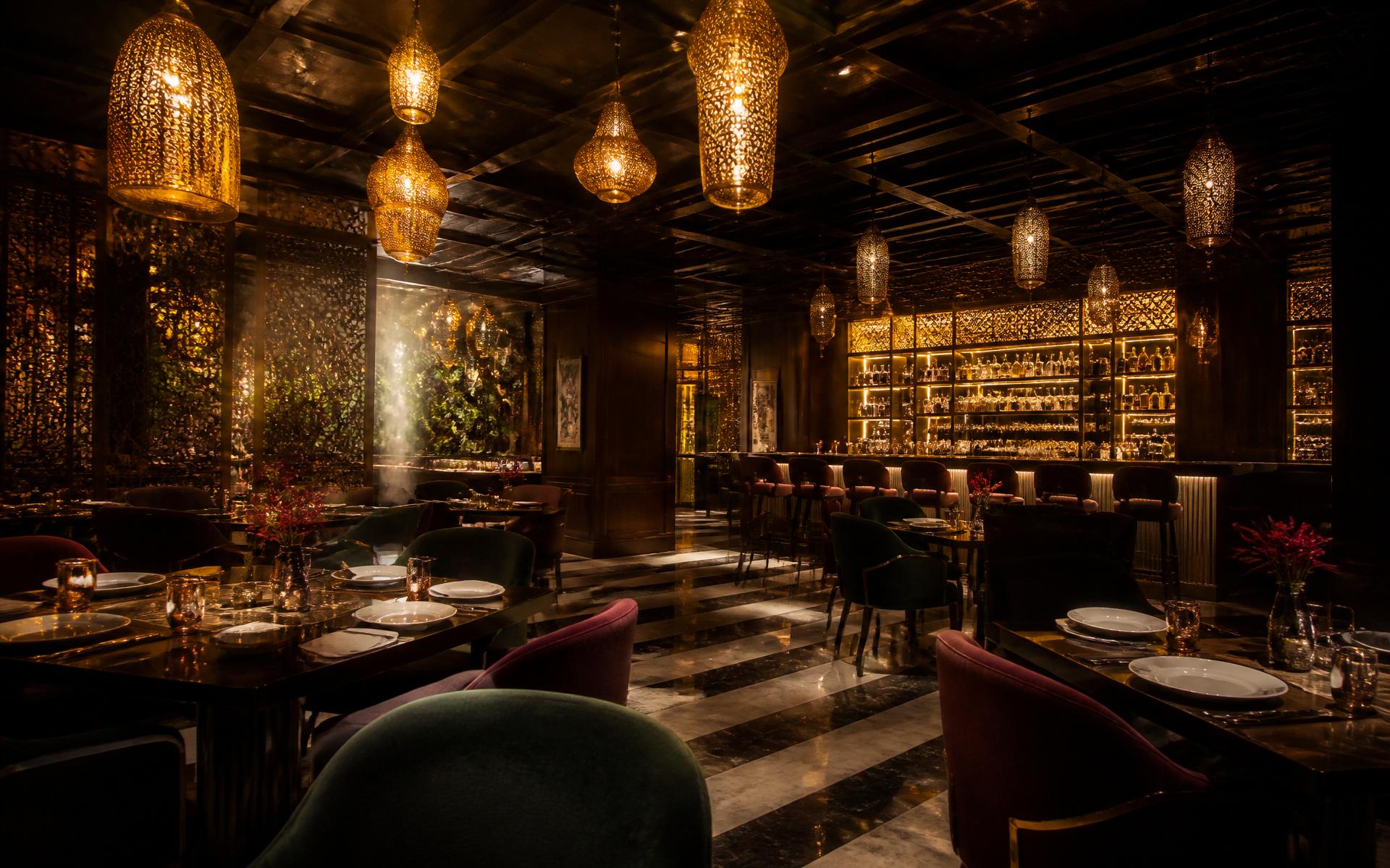 Dining hall with brass lanterns